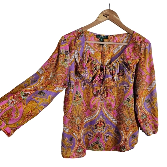 Lauren Ralph Lauren Paisley Ruffle Neck Blouse Womens Sz Large Cotton Casual - Picture 5 of 12